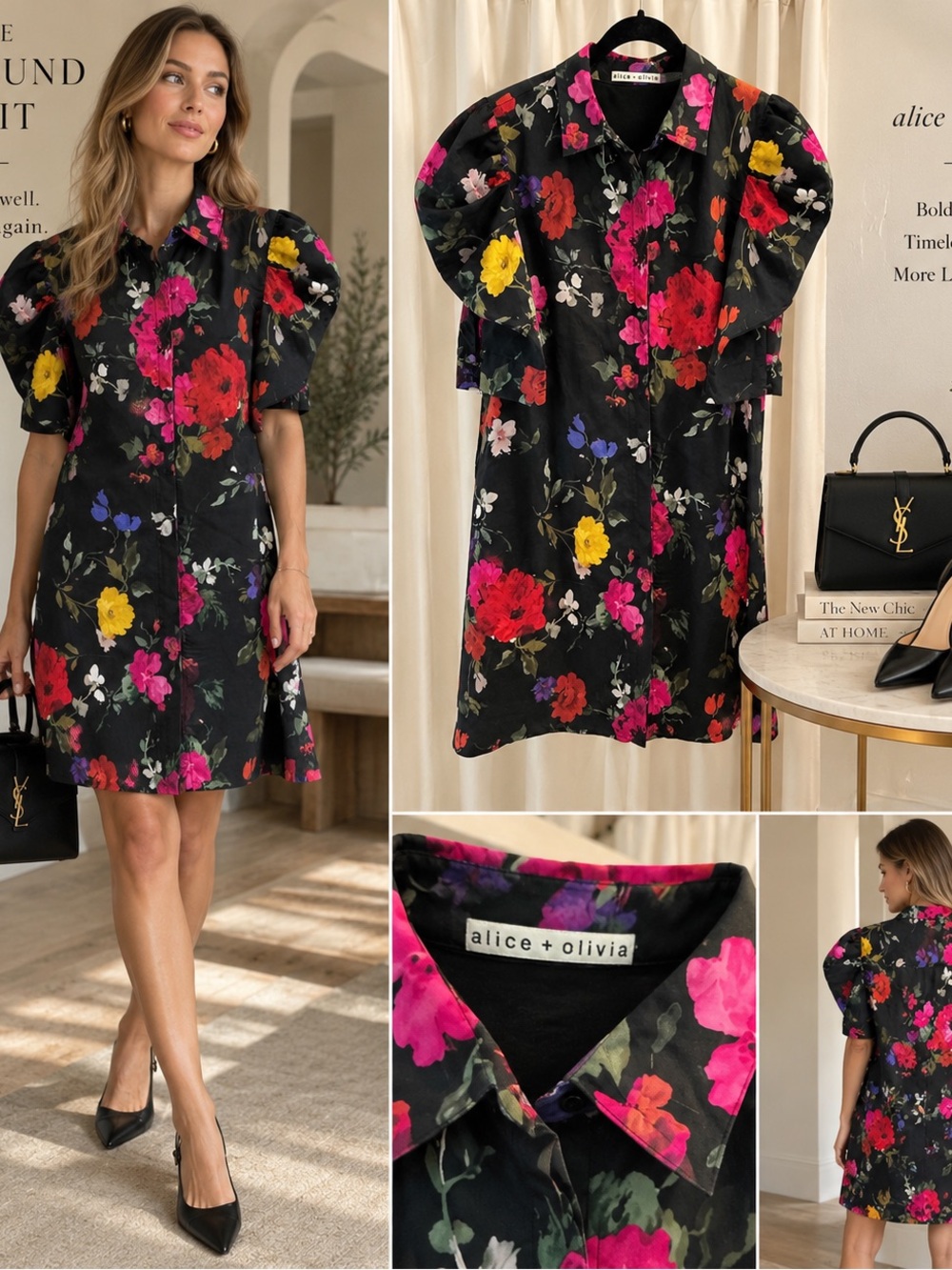 Alice + Olivia Black Floral Puff-Sleeve Mini Dress